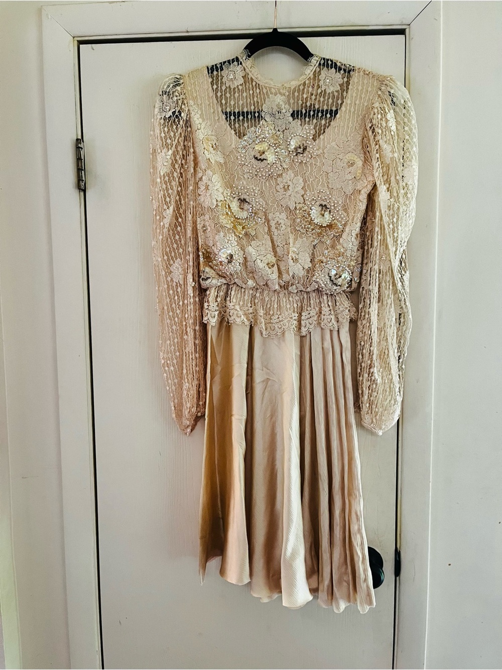 VTG Rina di Montella 100% Silk Pearl Beaded Lace Dress Fairy Victorian Revival 6